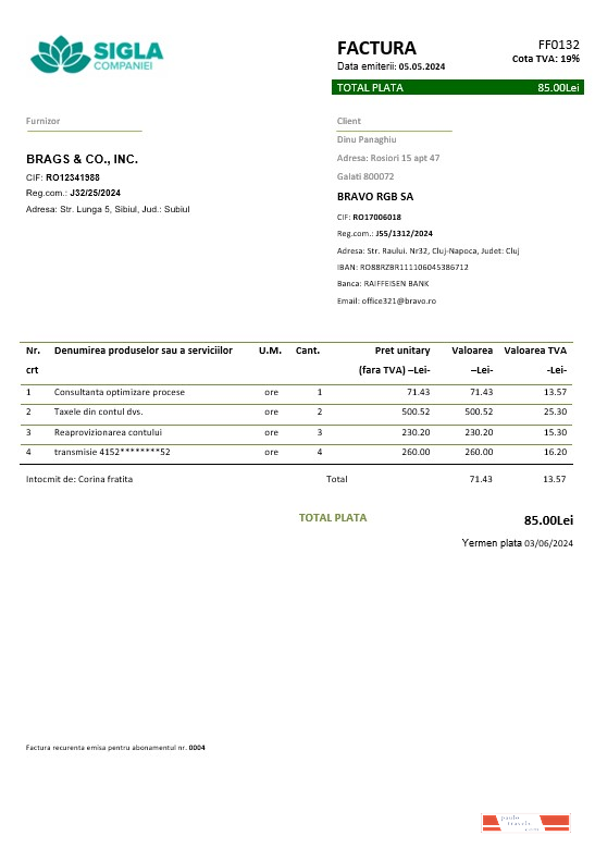 Romania SIGLA COMPANIEI business utility bill template in Word and PDF formats